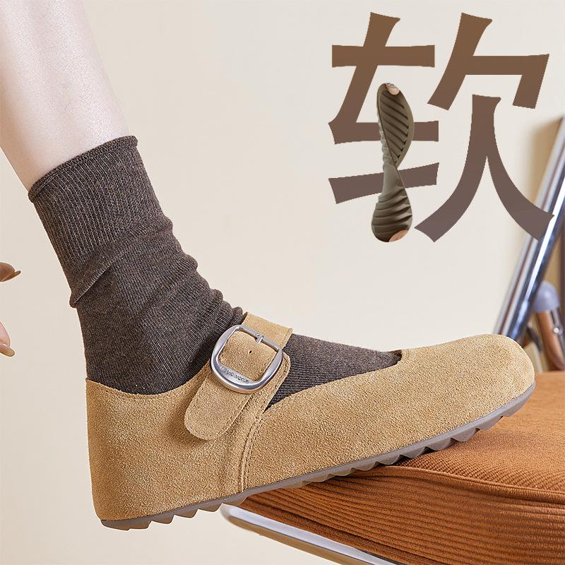 Mary Jane Retro All-inclusive Toast Women's Genuine Leather Spring Soft-soled Shallow Mouth One-word with Puff Shoes