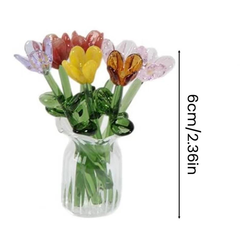Glass Flower Bouquet with Vase Hand-Blown Mini Flower Decoration Home Living Room Handmade Simulation Floral Ornament with Stem