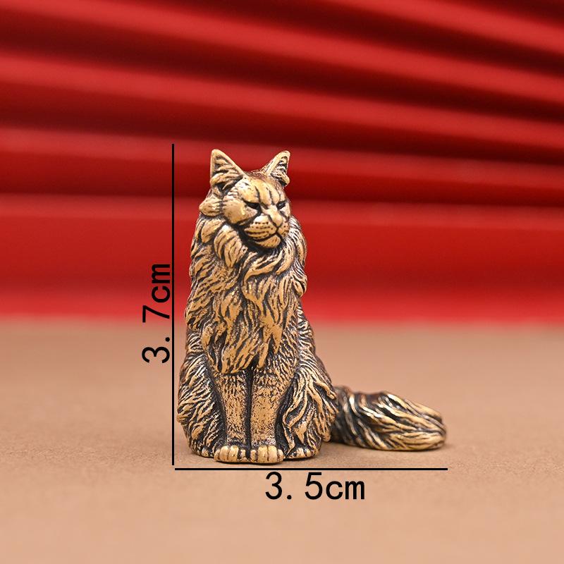Maine Coon Small Figurine Polished Brass Mini Animal Cat Statue Portable Desktop Ornament for Travel Bag Pendant Desk Decor Gift
