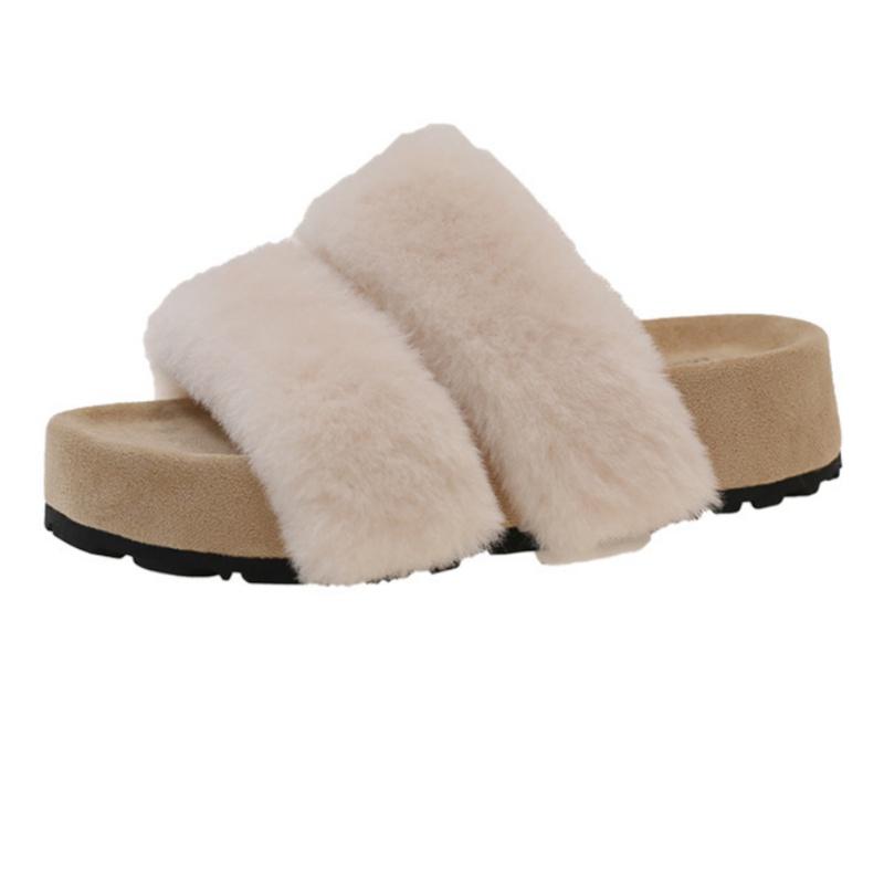 Fashion Elegant Versatile Women's Slippers 2025 Fashion Women's Thick Bottom Fluffy Fur Slippers Outside Slip On Open Toe Simple Slipper