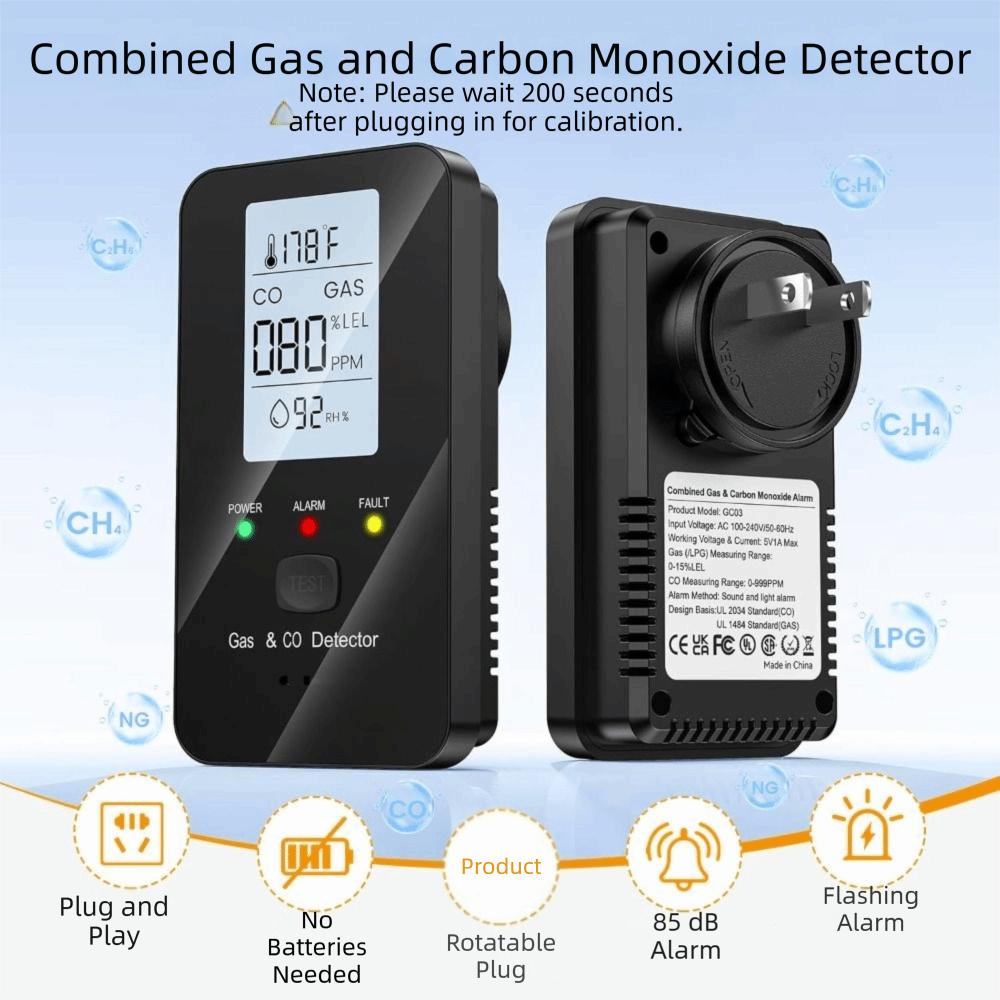 Compact Device Methane Detector 4-in-1 Design Gas Leak Alarm Temperature Monitor  Indoor Spaces