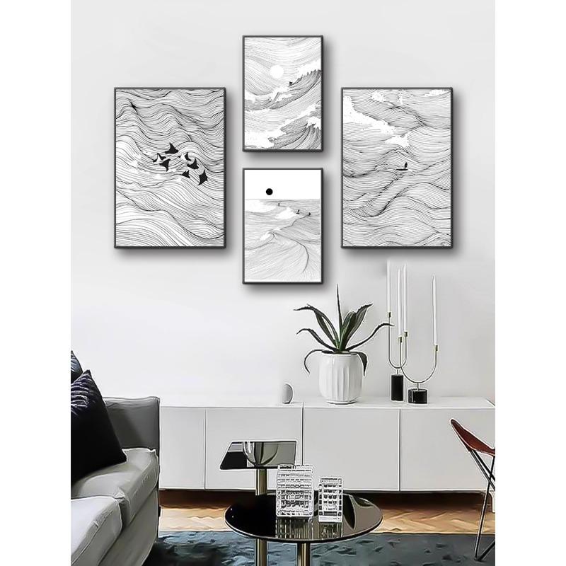 Waves Line Art Pictures Surfing Penguin Manta Dolphin Whale Prints Canvas Painting for Home Living Room Decoration