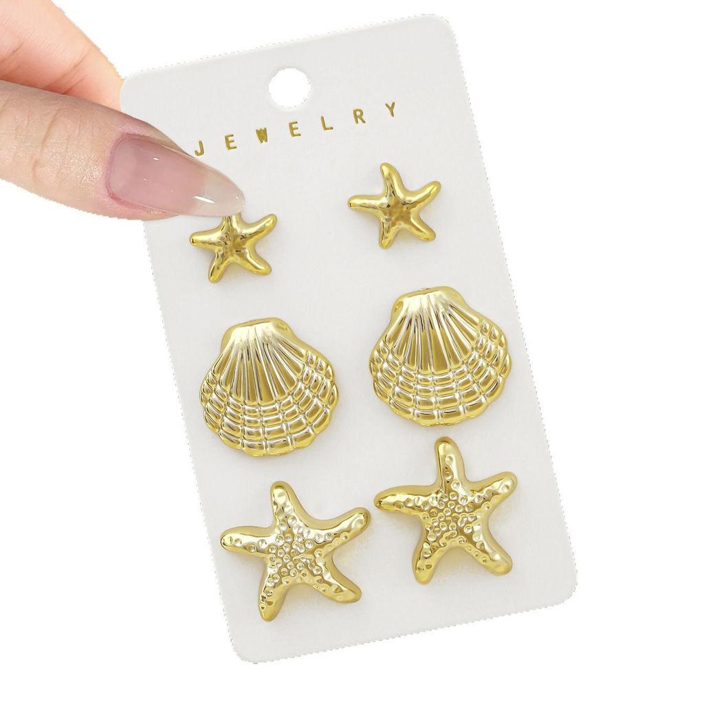 3 Paia di Orecchini a Bottone Geometrici Stella Marina & Conchiglia da Donna - Set Moda Estiva