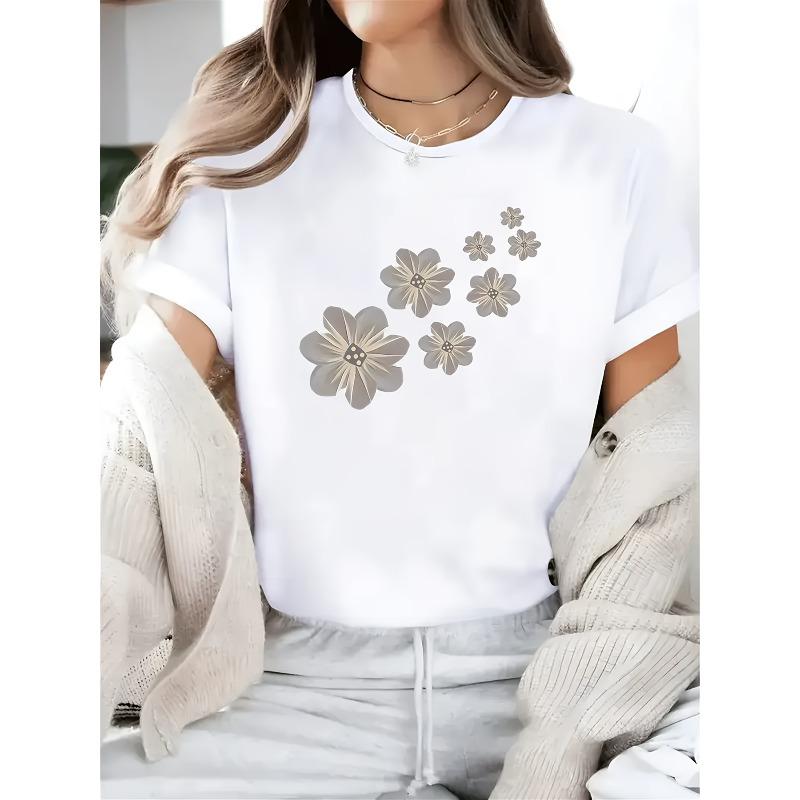 European sizes Women s Stretch Comfort Casual T-Shirt with Floral Print - Soft Breathable Fabric, Relaxed Fit, Hand Washable S белый