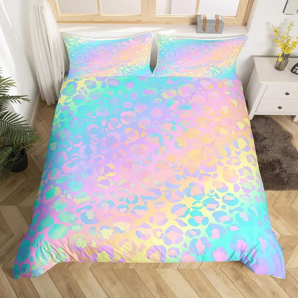 Rainbow Duvet Cover Set, Colorful Abstract Geometric Pattern with Shapes Rainbow, Decorative Bedding Set
