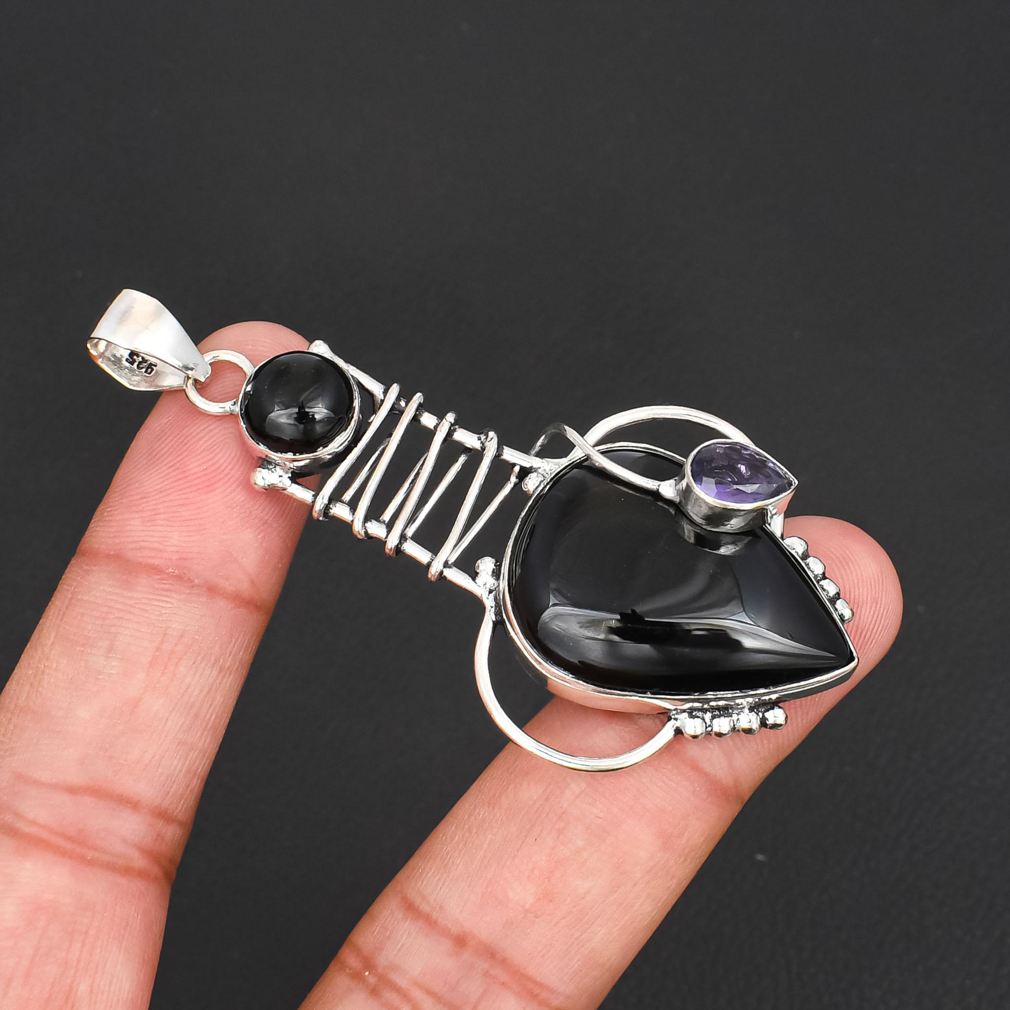 

Black Onyx & Amethyst Wire Wrapped Pendant Handmade 925 Sterling Silver Plated Healing Crystal Jewelry for Women