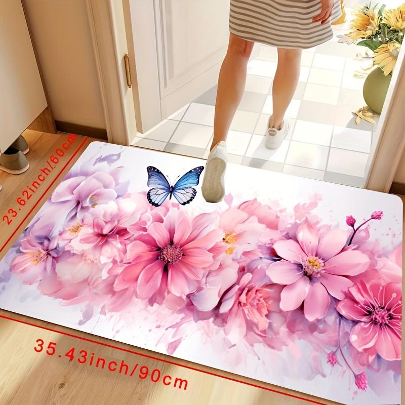 1 Pink Floral Pattern Rug - Machine Washable, Non-Slip, Soft and Comfortable Entryway Mat for Front Door, Bathroom, Living Room