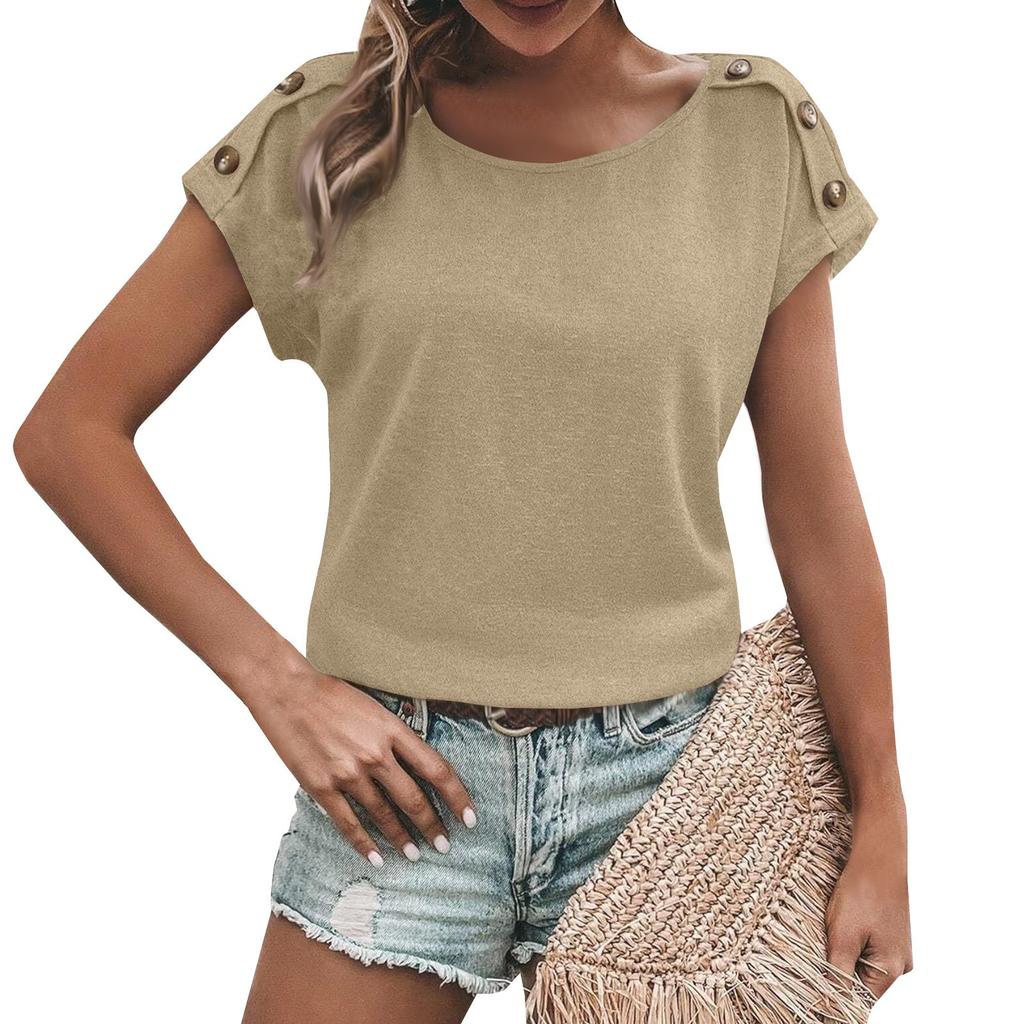 Women's Fashion New Round Neck Solid Color Button Short Sleeve Top