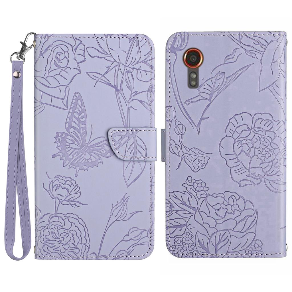 HT03 For Samsung Galaxy Xcover7 Leather Case with Hand Strap Butterfly Flower Pattern