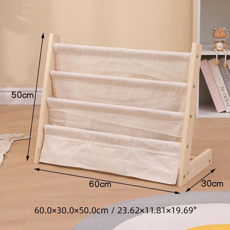 Solid Wood Kids Sling Bookshelf With Canvas Pockets And Large Capacity Perfect For Nursery Playroom Bedroom