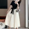 Elegant Plus Size Hepburn Style Color Block Waist-Cinched Square Neck Summer Dress