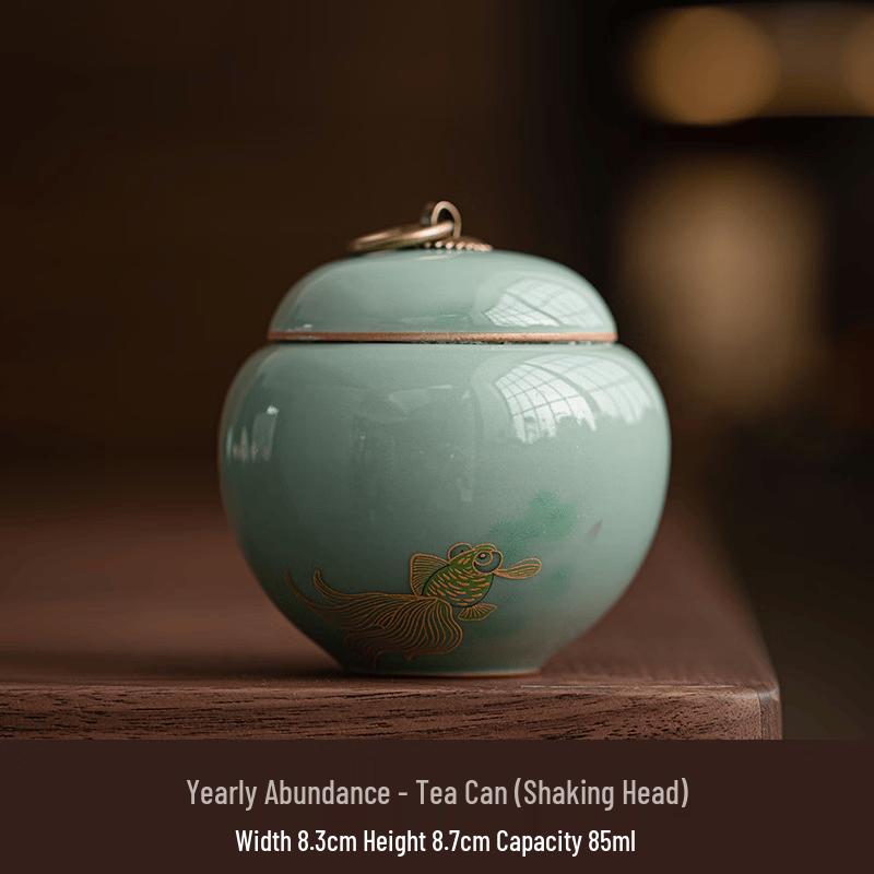 Ceramic Tea Caddy with Yearly Abundance Fish Design