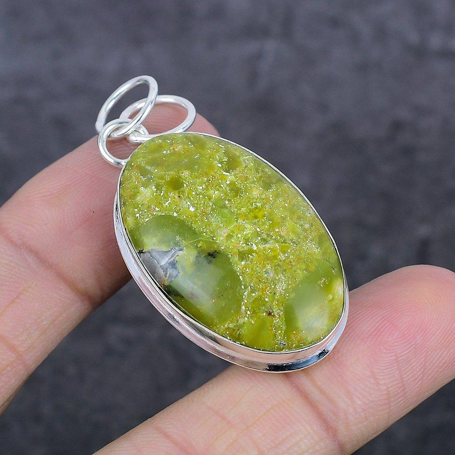 Natural Swiss Green Opal Gemstone 925 Sterling Silver Jewelry Pendant 2.05" z5O97