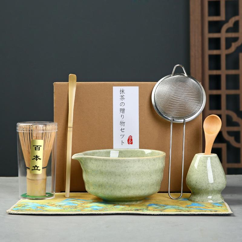 7pcs Traditional Bamboo Ceramic Japanese Matcha Tea Set with Spout Reusable Matcha Whisk Set Food Grade Safe Match Bowl Stirring
