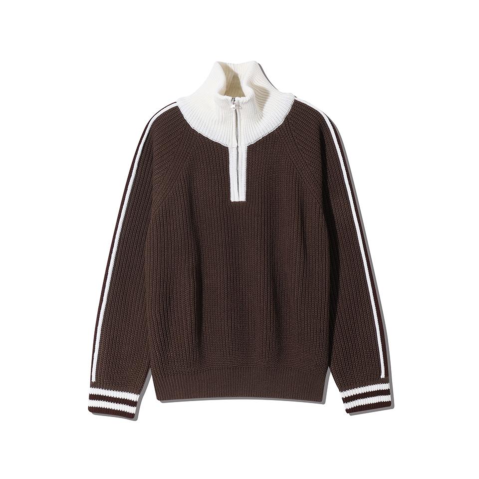 NODU High-Neck Half-Zip Track Line Contrast Collar Hacci Knit [Brown]