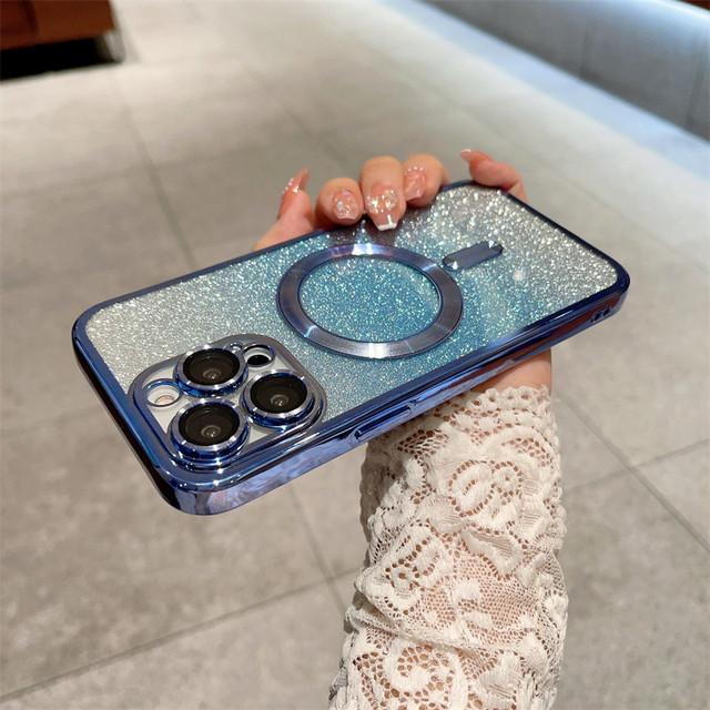 Glitzernde magnetische kabellose Ladehülle für iPhone 14 13 12 11 Pro Max Xs Max Xr X 14 Plus, stoßfeste, durchsichtige Beschichtung