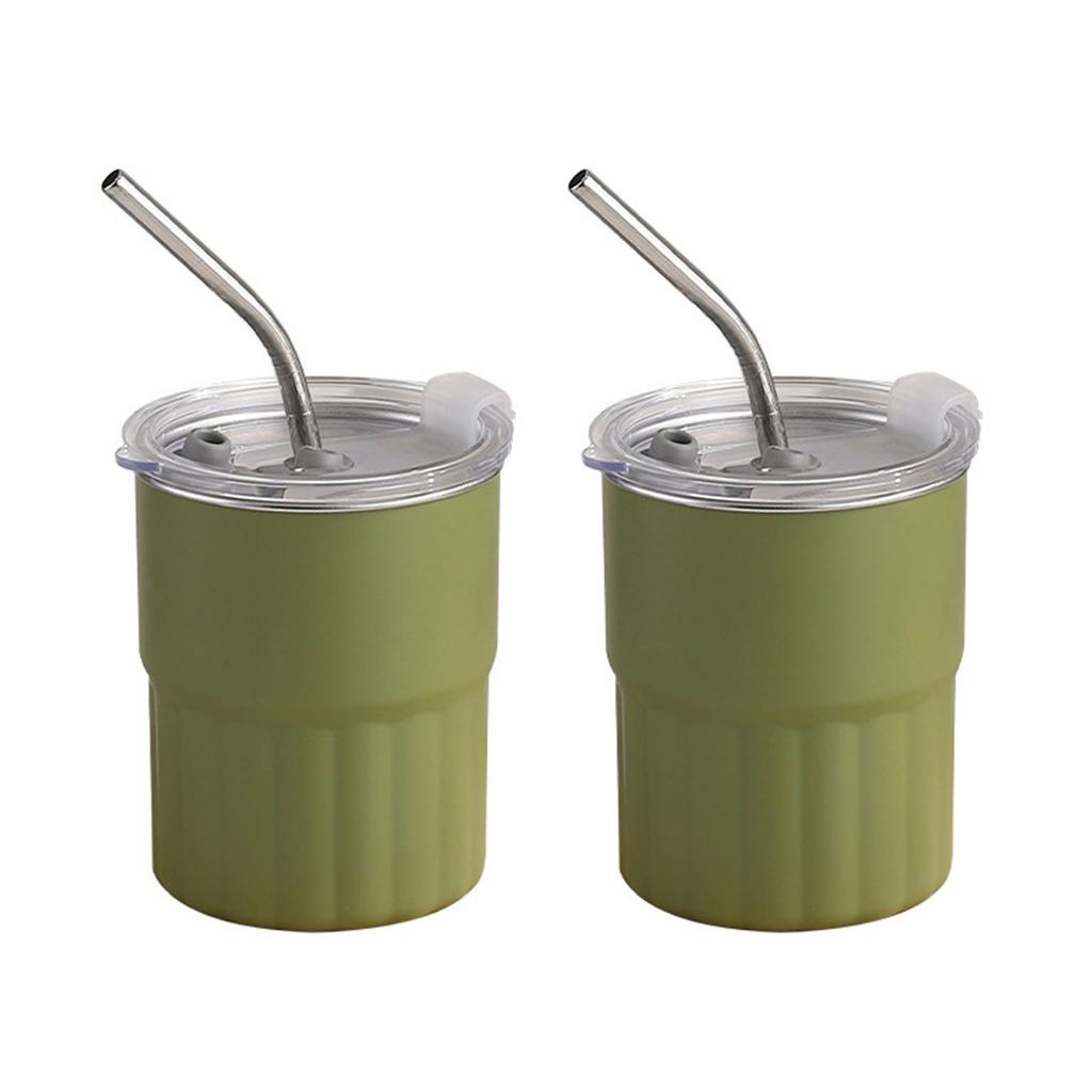 2pcs Stainless Steel Coffee Mugs Set Drinkwares with Straw and Lid Stackable Double Walled Cup for Camping and Outdoor
