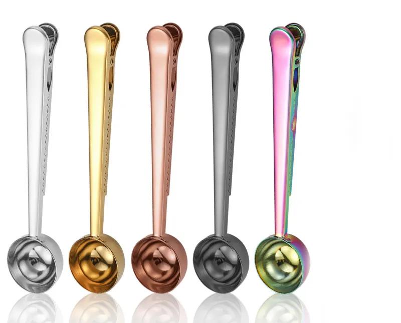 Multifunctional Coffee Scoops with Clip Powder Flour Measuring Tools Stainless Steel Bake Spoons Measure Spoons Food Sealing Clip Reusable Ya1025