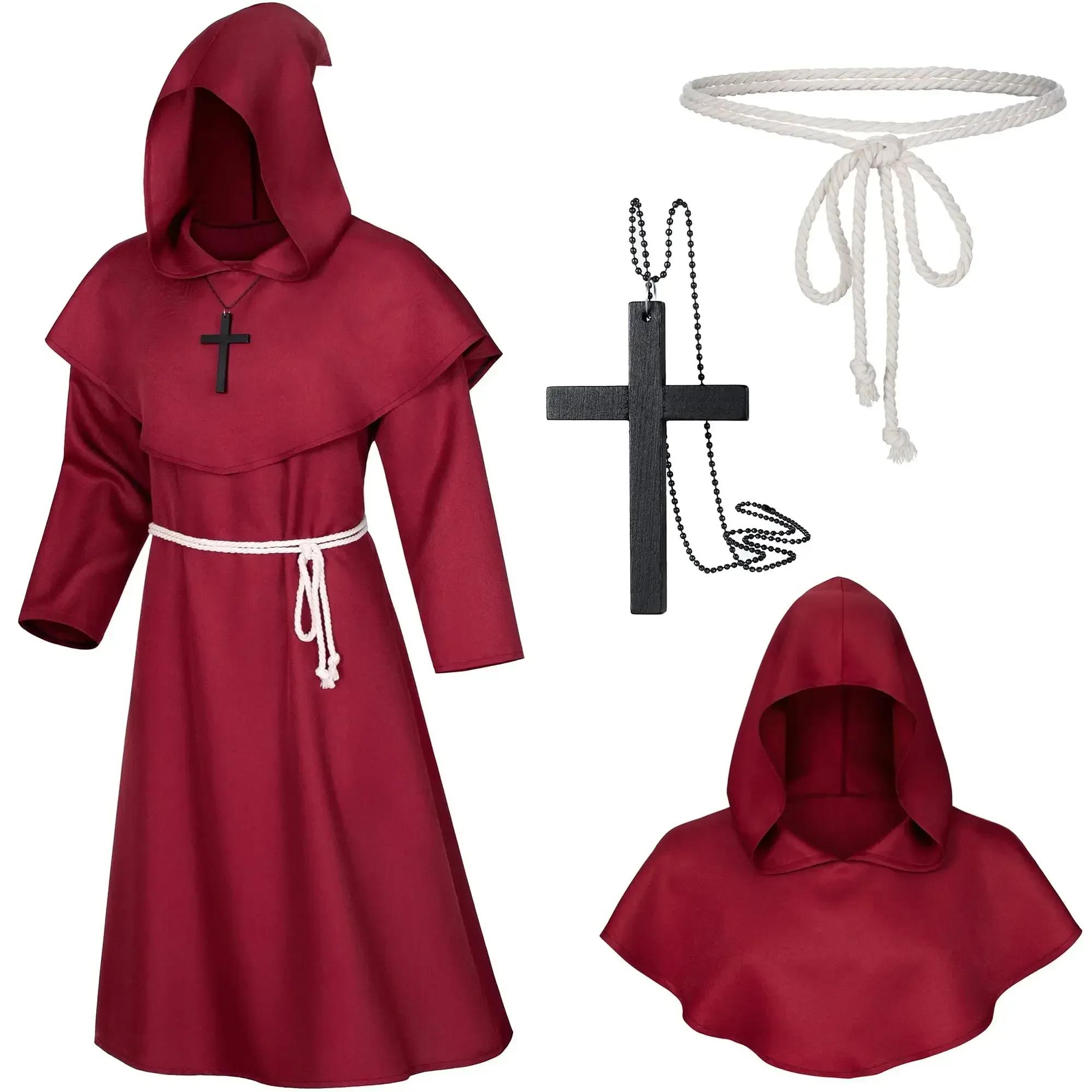 Middeleeuwse Monnikenkap Mantel Tovenaar Priester Kostuums Halloween Gewaad Tovenaar Ridder Cape Volwassenen Tieners Outfit Feest Attributen Set S