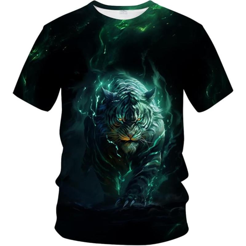 Men's Summer 3D T-shirt Fashionable Casual Loose Pattern Animal Tiger Print Round Neck Short Sleeved T-shirt Top