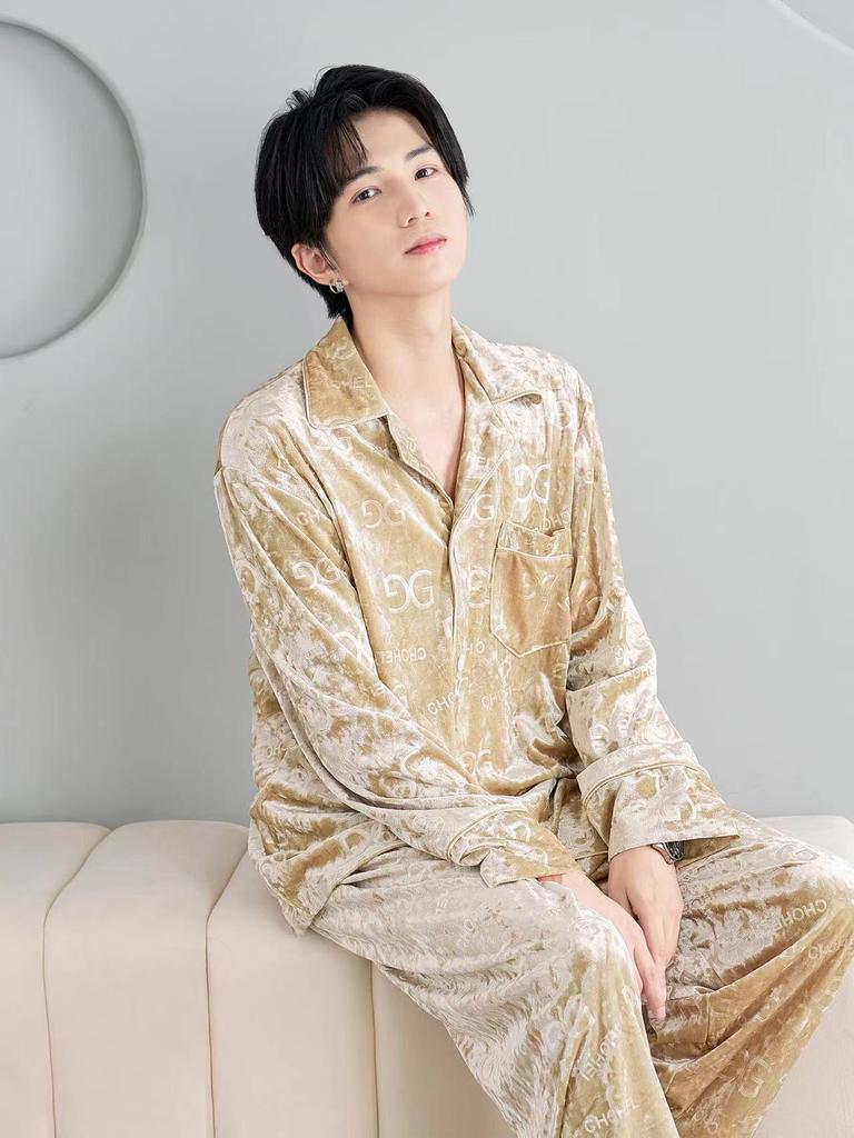 Da Vinci Code Samtpyjama: Goldener Diamant Langarm & Hose, Buchstaben-G-Design, Lockere Passform für Paare, Herren-Set – Herbst/Winter.