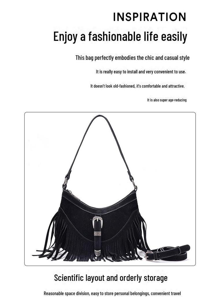 Vintage Suede Tassel Single-Shoulder Bag