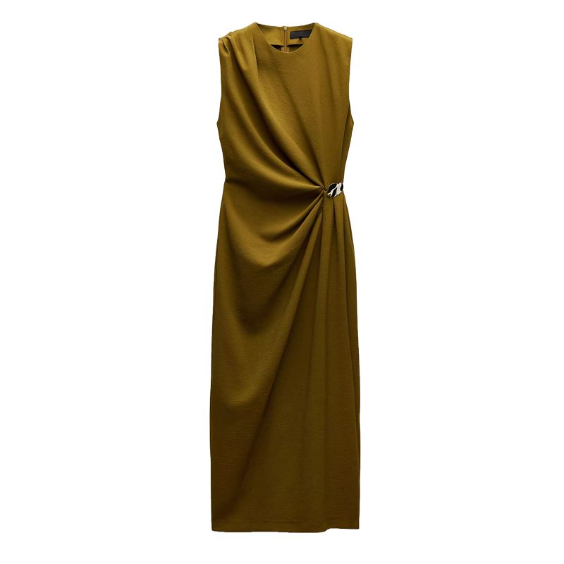 Spring New Women's Clothing French Style Ruched Decoration Temperament Crew Neck Sleeveless Midi Skirt Dress 5029067