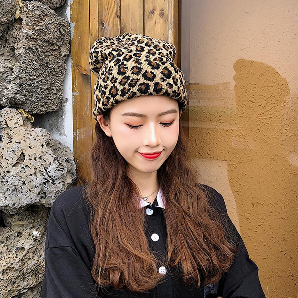 Vintage Leopard Print Knitted Beanies Hat Women Autumn Winter Elastic Crochet Ear Protection Hat Girls Anti-cold Pullover Cap