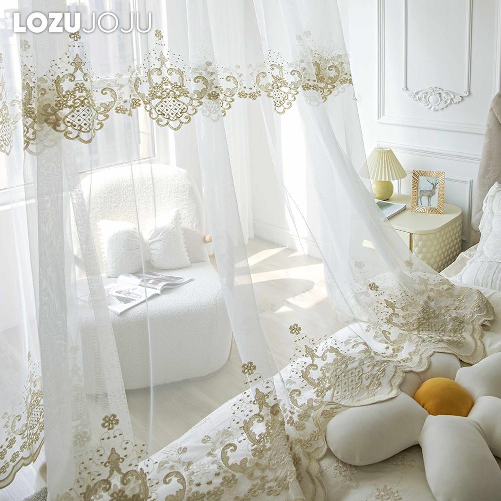 1PC LOZUJOJU French Style Gold Thread Embroidered Sheer Curtain Romantic Style Luxury Tulle for Living Room Bedroom Balcony Window Home Decor