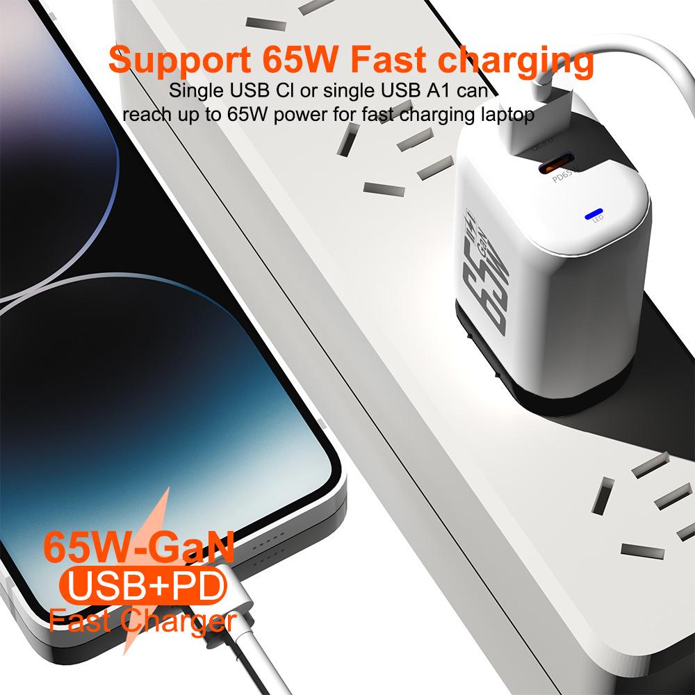 65W GaN QC 3.0 PD Fast Charger, USB, EU/US Spec, 9V/12V Compatible for Laptop