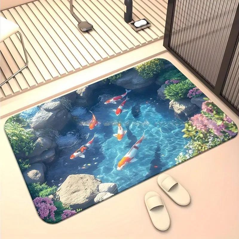 3D Optische Illusion Teppich Realistischer Fischteich Bereichsteppich Waschbar Goldfischteich Fußmatte Rutschfest