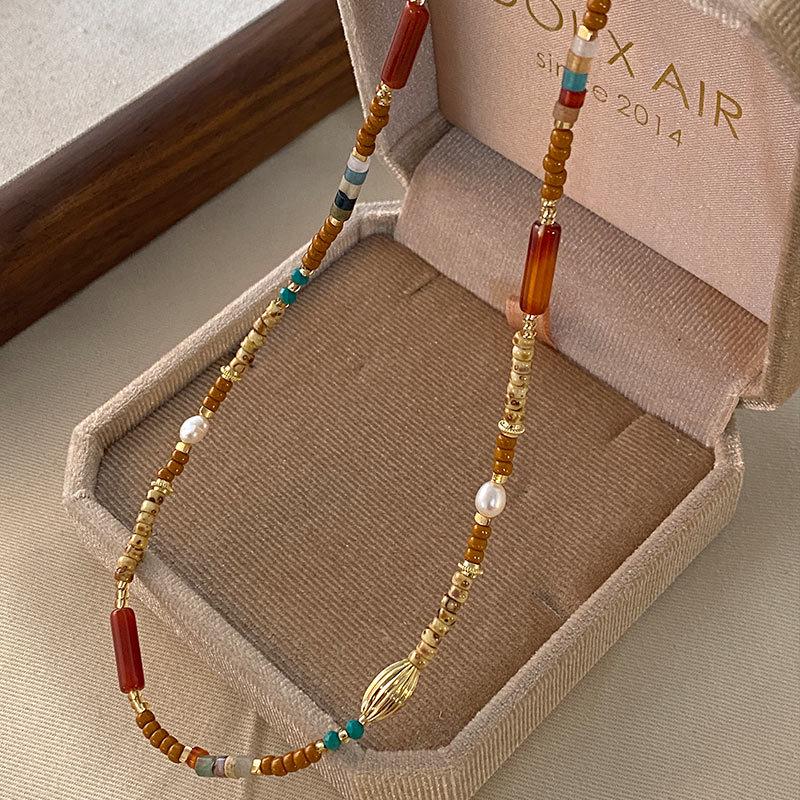 Guo Huang Roter Rhodonit Perlenkette - Naturstein Pulloverkette Schlüsselbein-Accessoires für Neujahrsfeierlichkeiten.