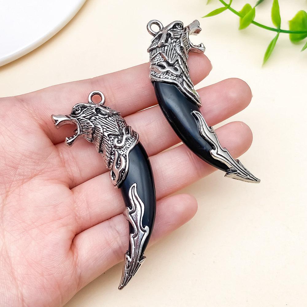 Retro Ethnic Wolf Tooth Pendant Earrings & Necklace with Tibetan Silver Resin Inlay