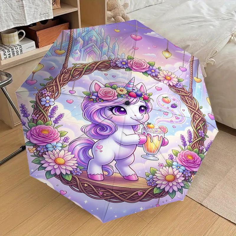 1PC Unicorn Flowers Umbrella-8-Rib Reinforced, Automatic Open, Lightweight & Durable, Fashion Accessory for Outdoor, H0337
