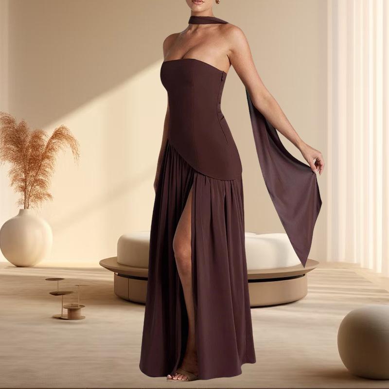 2026 summer new product design tube top color matching pleated high split slim dress scarf streamer dress
