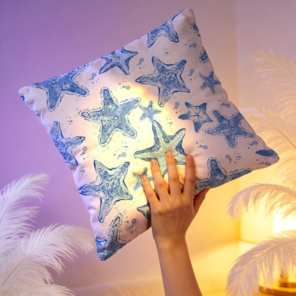 1Pcs Cushion Cover, White Background With Blue Star Patterns, Fresh And Dreamy Style, Same Print On Both Sides, Soft And Comfo
