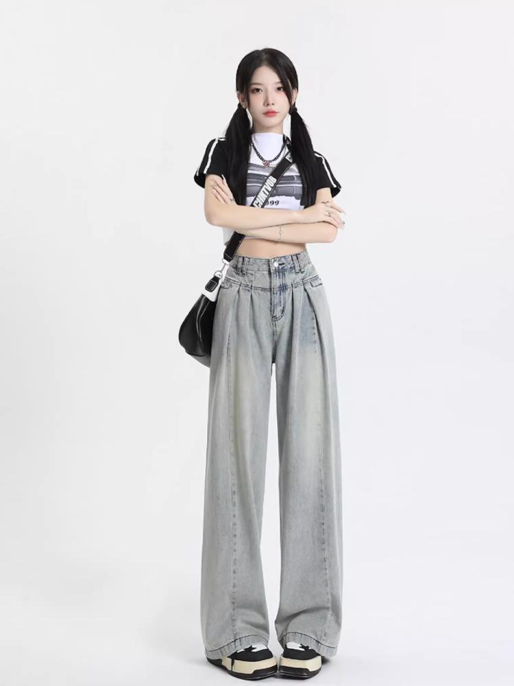 Blugi largi Y2k Pantaloni de blugi albaștri cu talie înaltă Pantaloni lungi din anii 2000 Pantaloni lungi din anii 90 Vintage oversize Moda coreeană