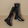 Side Zip Block Heel High Boots Fall Winter New Square Toe Patent Leather Non-Slip Kitten Heel Knight Boots