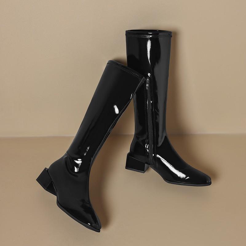 Fashion Side Zip Block Heel High Boots Fall Winter New Square Toe Patent Leather Non-Slip Kitten Heel Knight Boots