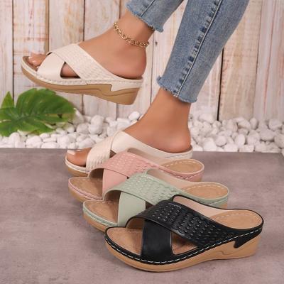 Sommer Damen Keilpantoletten Neue Retro Damen Pantoletten Orthopädische Fußgewölbeunterstützung Leder Rutschfest Weiche Sohle Zehensandalen
