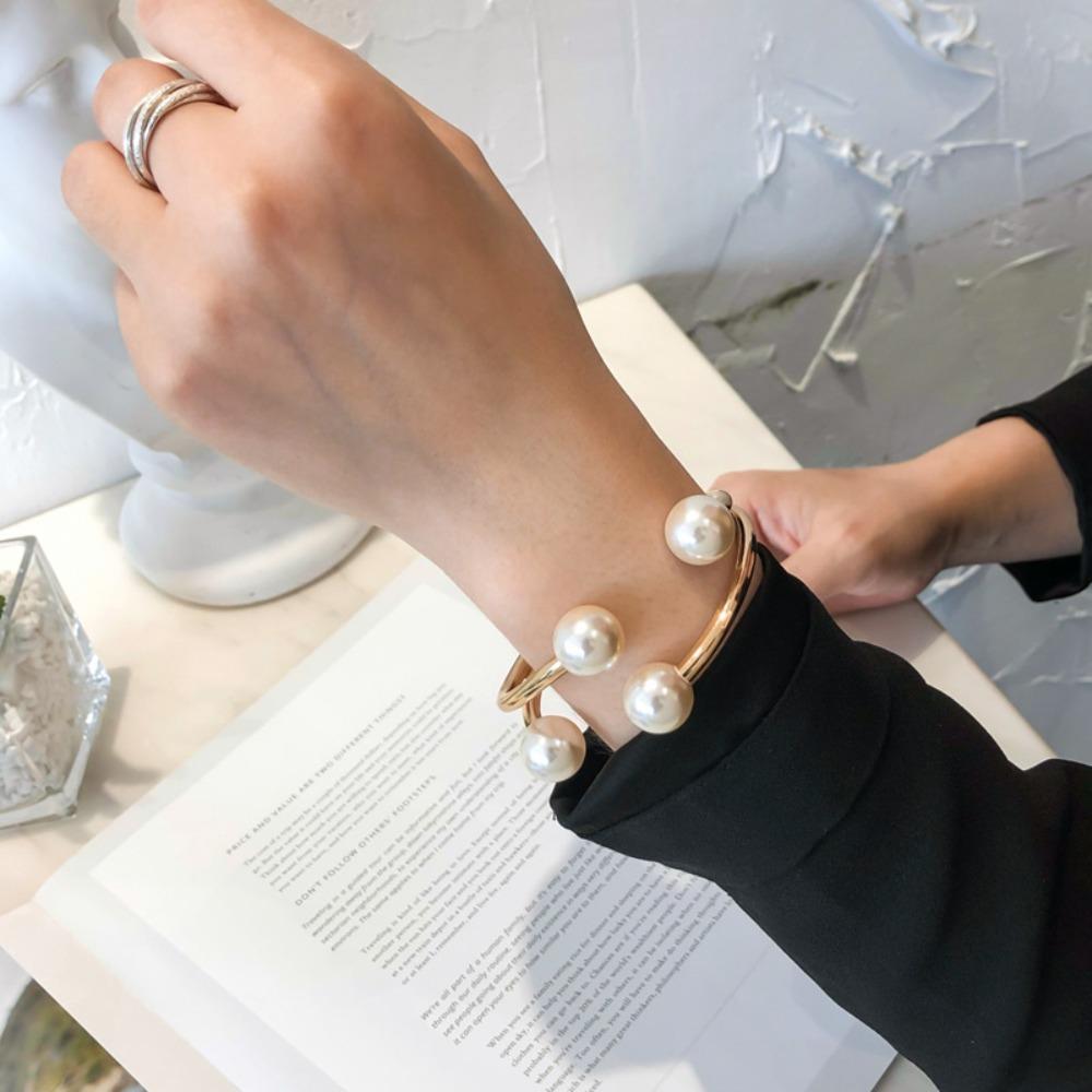 Gold Wide Cuff Bangles Jewelry Curtain Buckle Punk Pearl Geometric Bracelet  Women