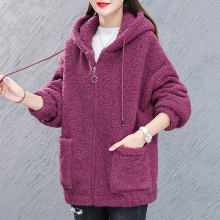 Women Winter Fleece Hoodie Windproof Thick Outerwear Cardigan Jacket with Drawstring Hood Full Sleeves Zipper Closure