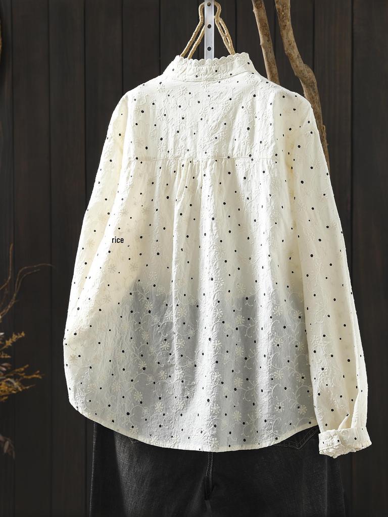 Women's Spring 2026 Polka Dot Lace Collar Cotton Shirt with Embroidered Jacquard Design