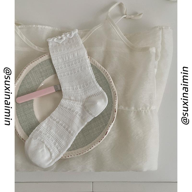 Lace socks children s thin medium tube socks cotton hollow summer mesh breathable ins tide stacking socks One size fits all белый