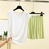 Ladies' Casual And Comfortable Round Neck Solid Color Top With Checkered Printed Shorts Plus Size Set