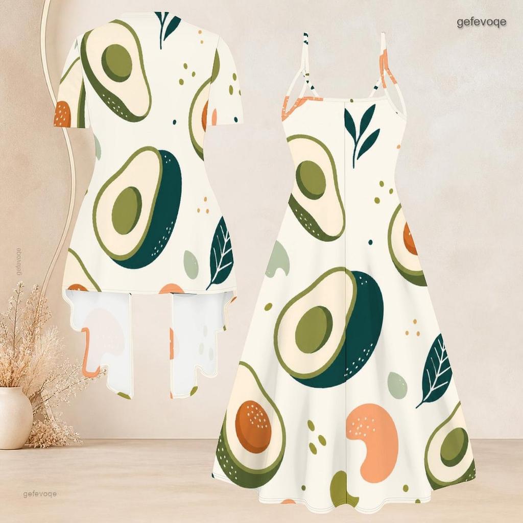 Women Plus Size Two Piece Set Fruit Leaf Printed Short Sleeve Draped Cardigan V Neck Strappy Flared Dress