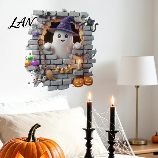 Black Cat Wall Stickers Halloween Stickers, 3D Broken Effect with Ghost Skeleton Pumpkin Bat Decals, Self-Adhesive Temporary Decorations Waterproof