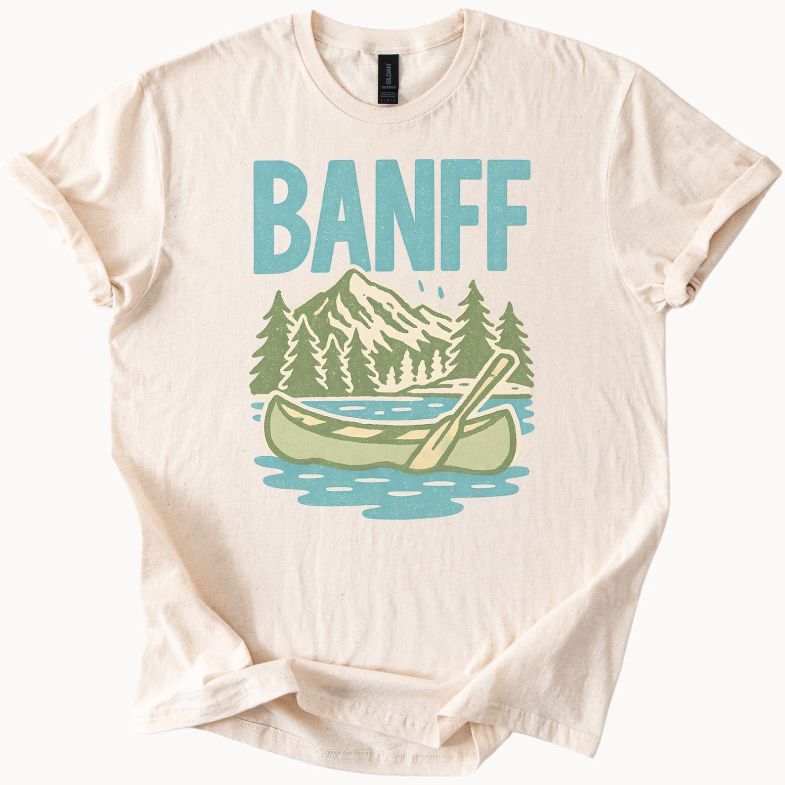 Banff Canoe Adventure Graphic T Shirt Mountain Lake Trees Outdoors Canadian Rockies Nature Scene Banff National Park Souvenir Tee 130
