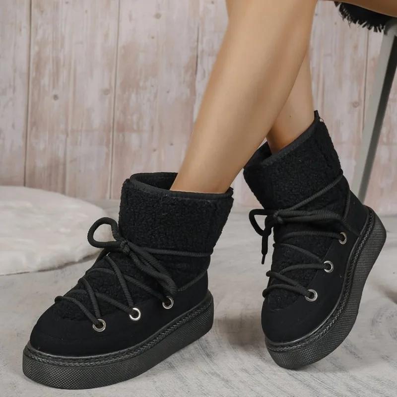 Winter New Women's Plush Ankle Boots Short Tube Snow Boots Lace Retro Thick Bottom Plush Warm Casual Cotton Boots Large 43