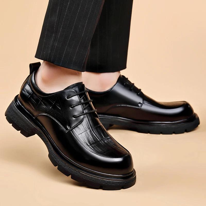 Thick Bottom Mens Dress Shoes Fashion Pointed Toe Men'S Business Casual Shoes Brand Leather Walking Footwear Lace-Up Men'S Shoes